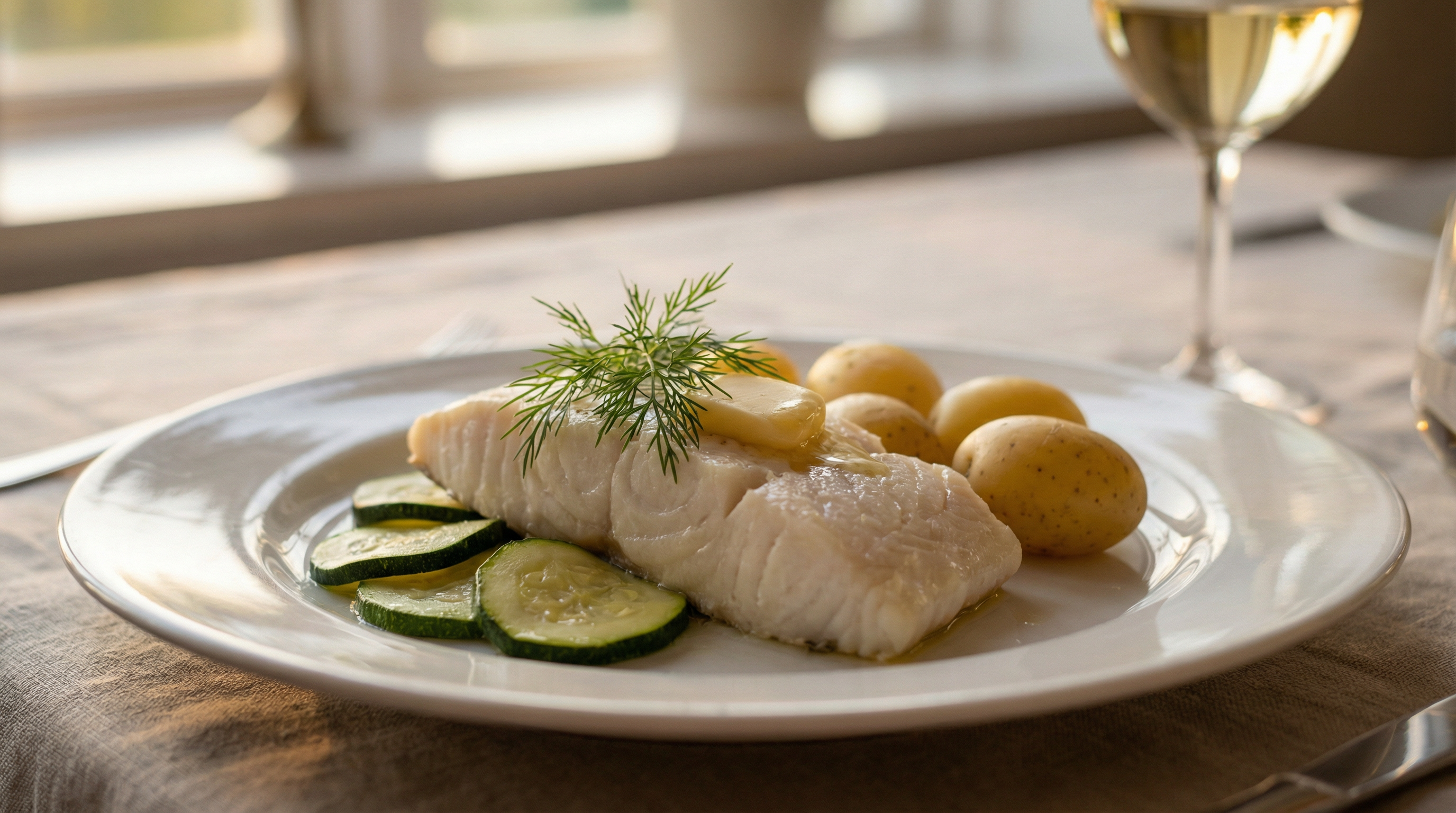Gedämpfter Heilbutt mit Zucchini und Kartoffeln