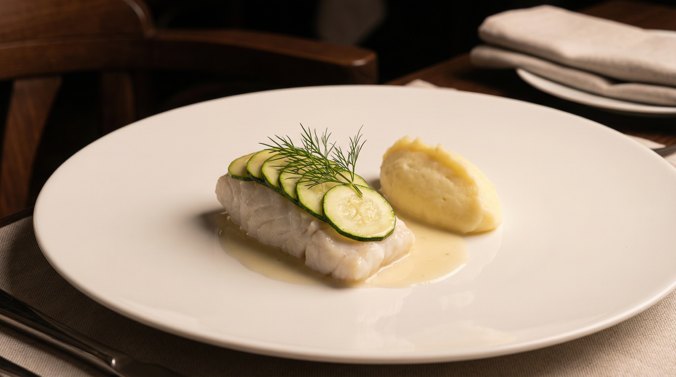 Gedämpfter Seelachs mit Zucchini und Kartoffelpüree