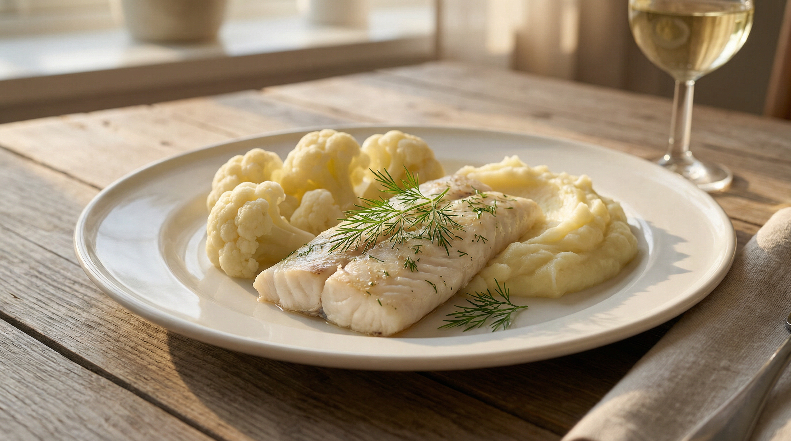 Gedämpfte Seelachs mit Blumenkohl und Kartoffelpüree