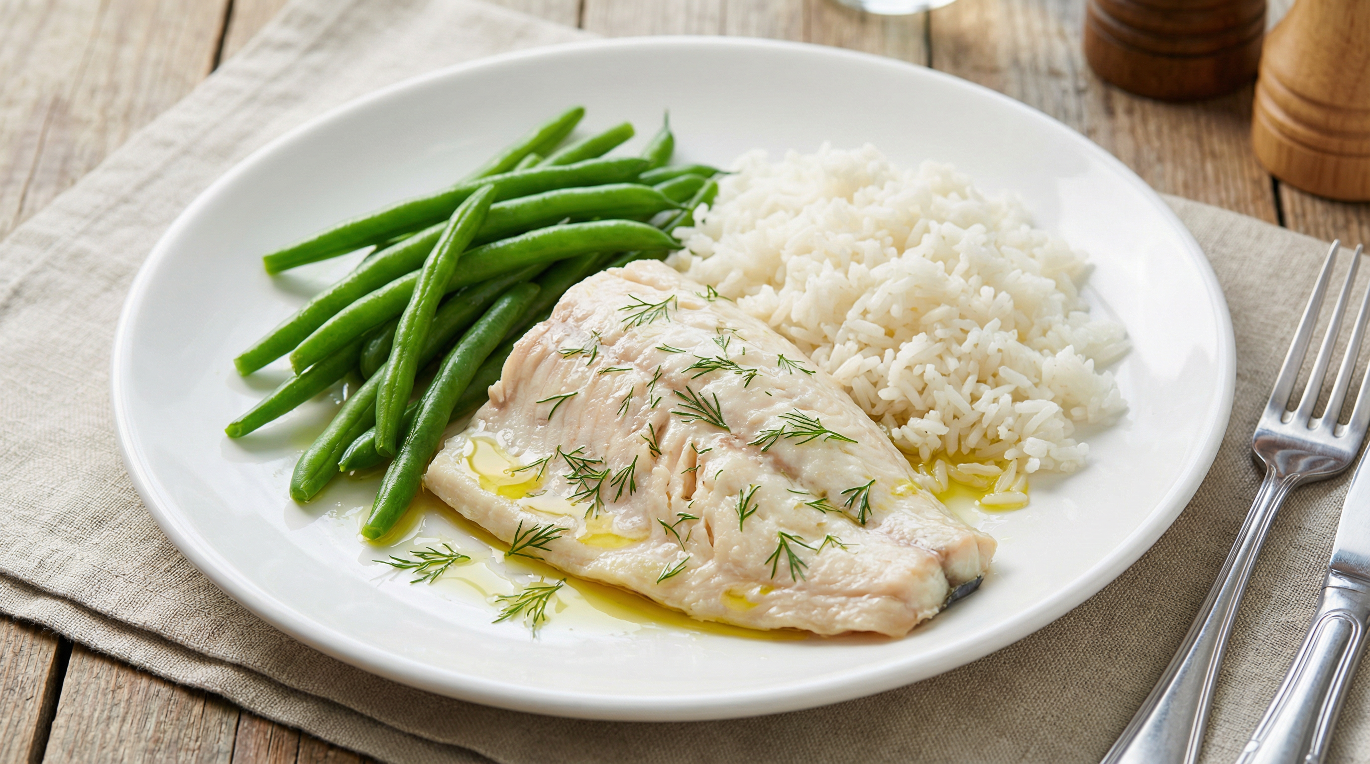 Gedünstete Forelle mit grünen Bohnen und Reis