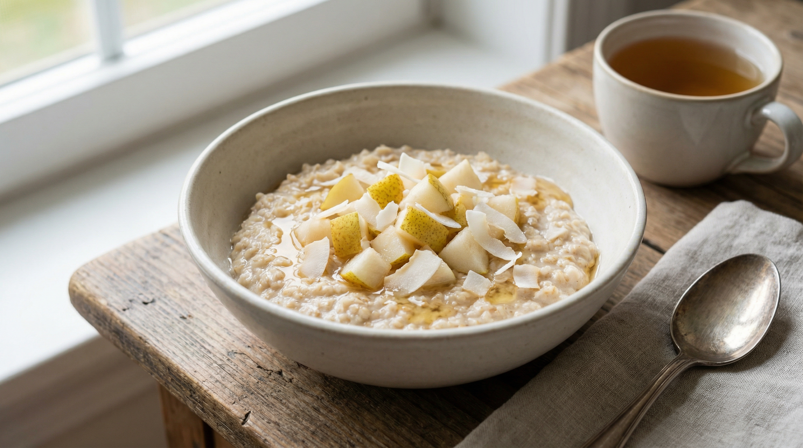 Haferbrei mit Birne und Kokosflocken