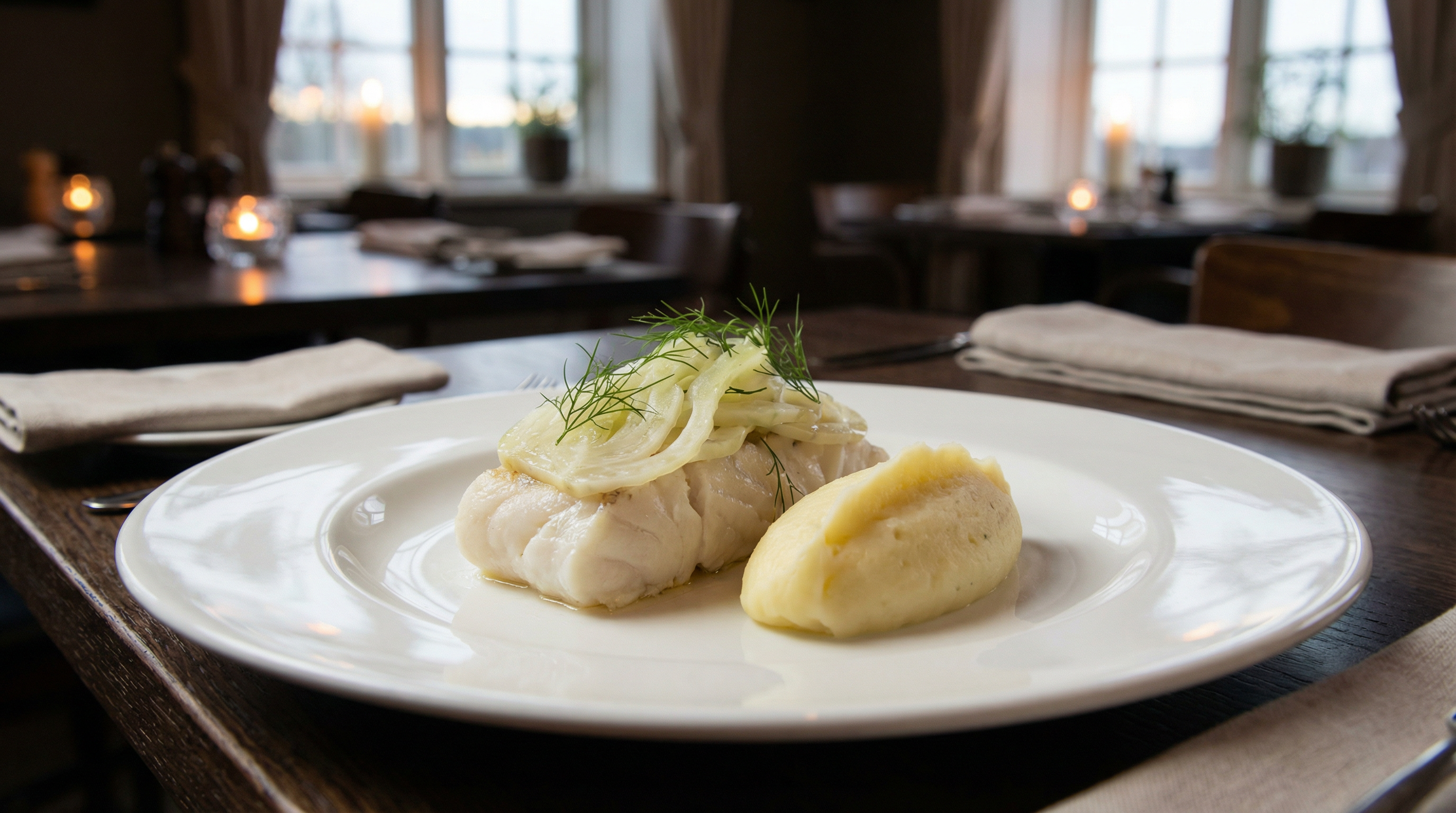 Gedämpfter Kabeljau mit Fenchel und Kartoffelpüree