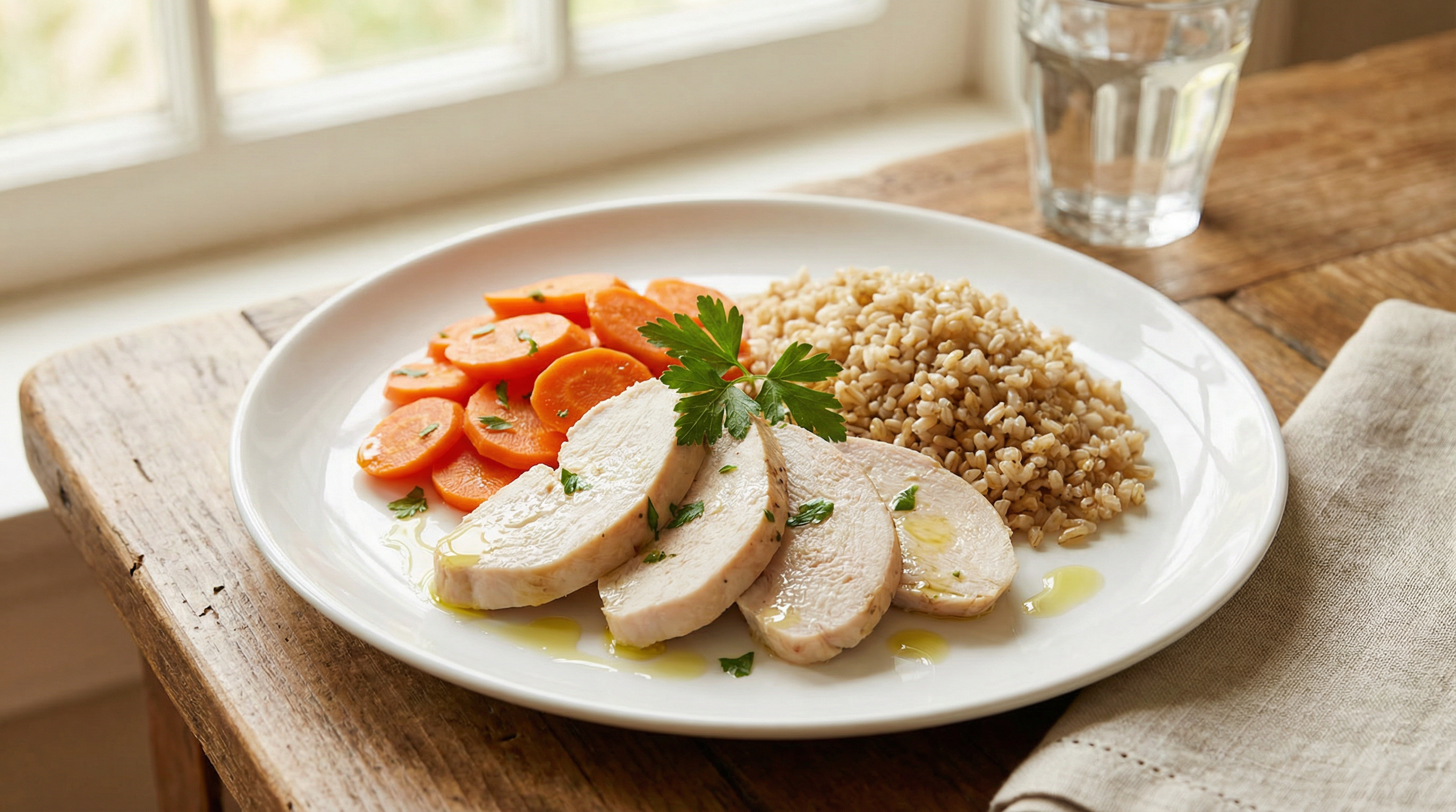 Gedünstetes Putenfleisch mit Möhren und Vollkornreis