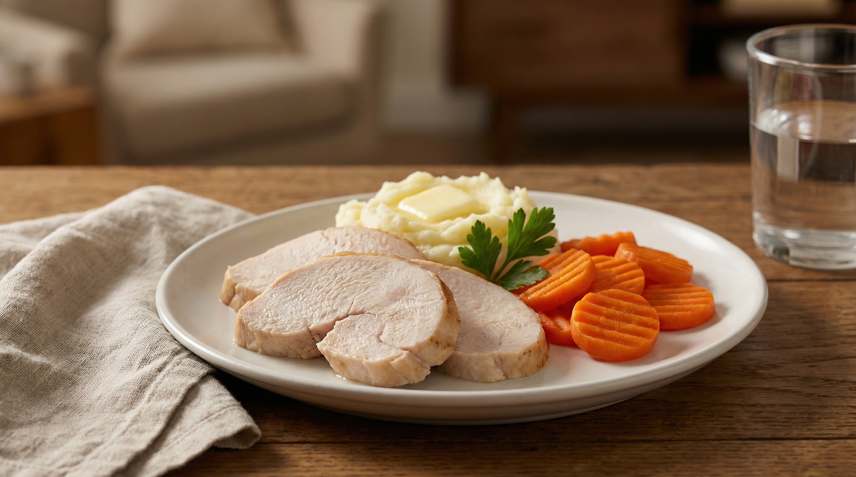 Gedünstetes Putenfleisch mit Möhren und Kartoffelpüree