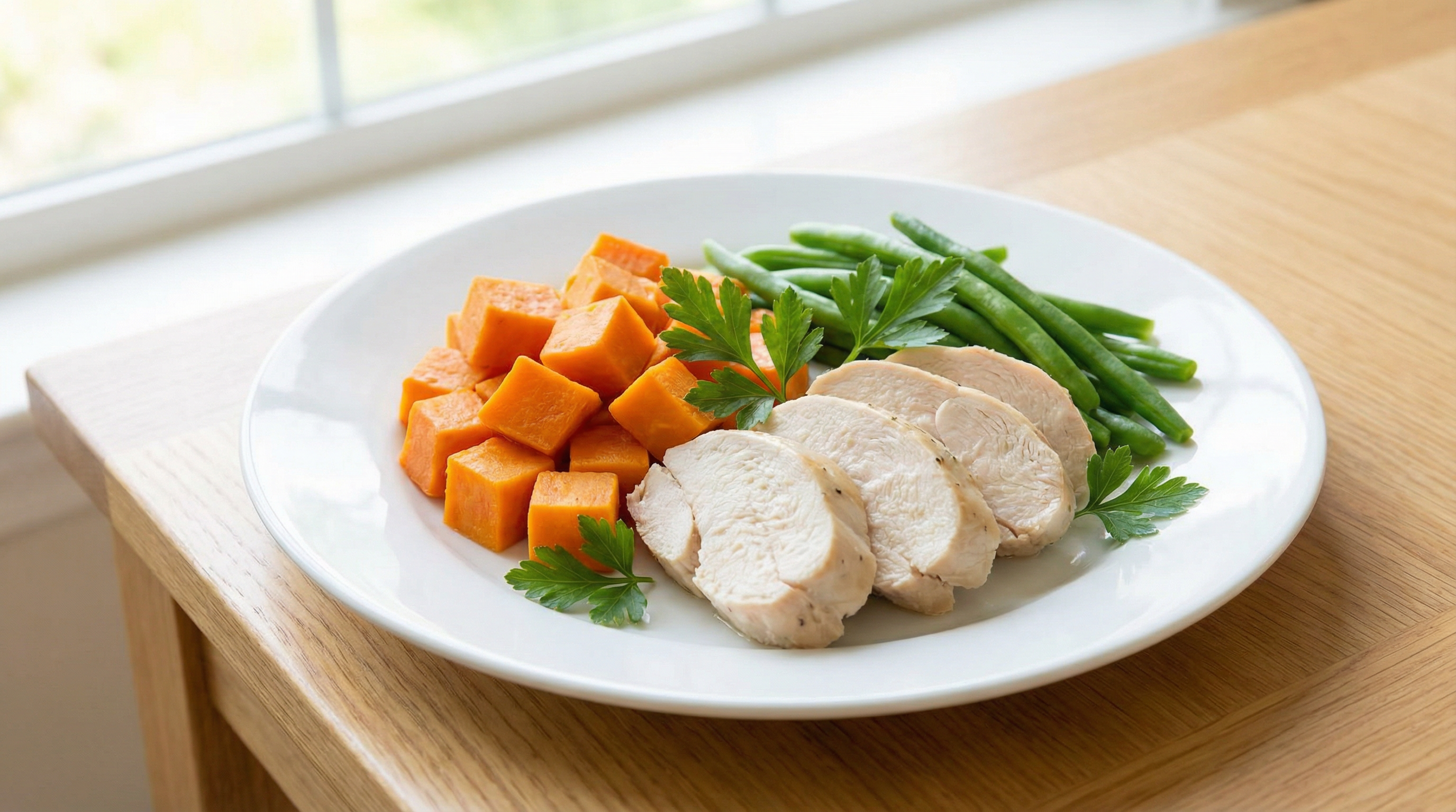 Gedünstetes Hähnchenfilet mit Süßkartoffel und grünen Bohnen