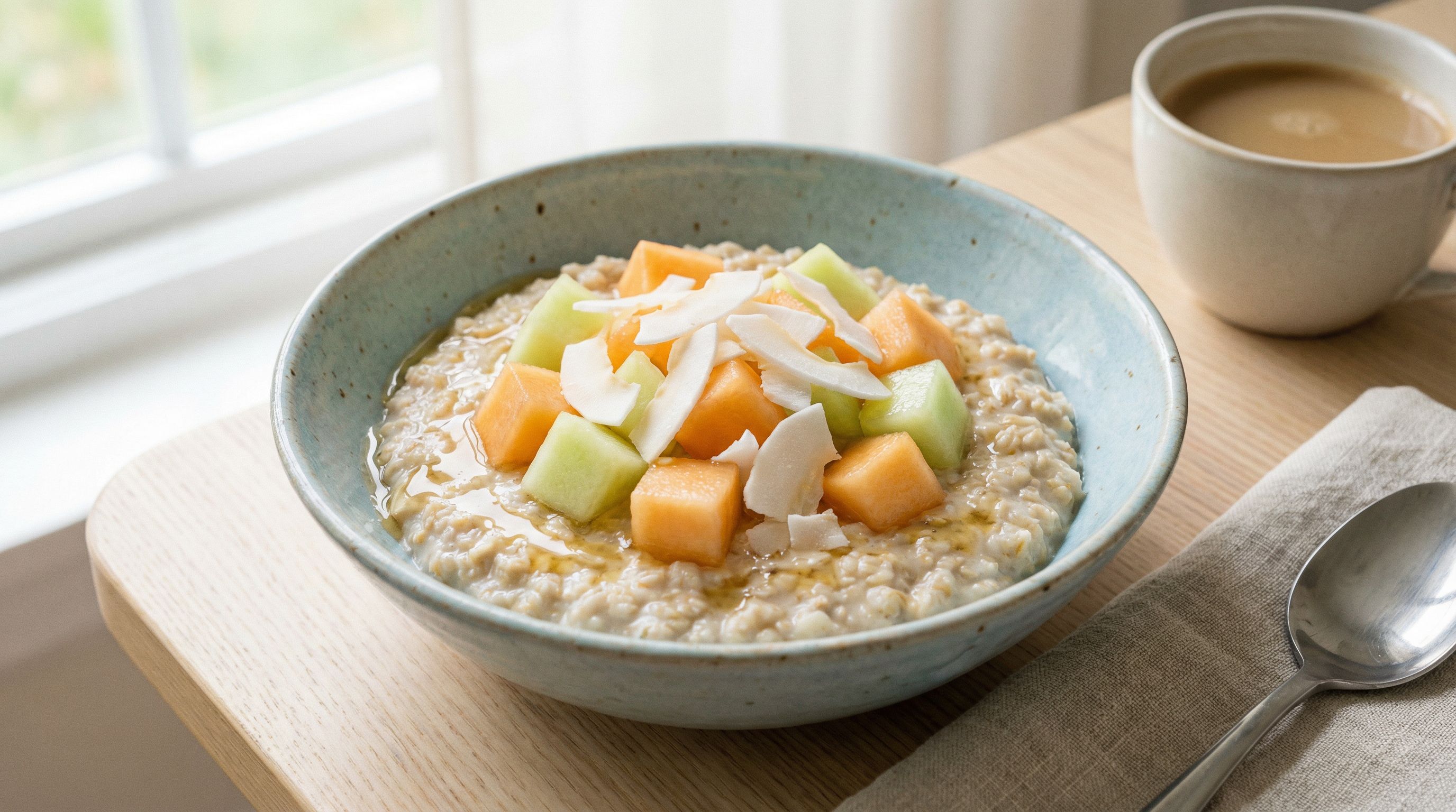 Haferflockenbrei mit Melone und Kokosflocken