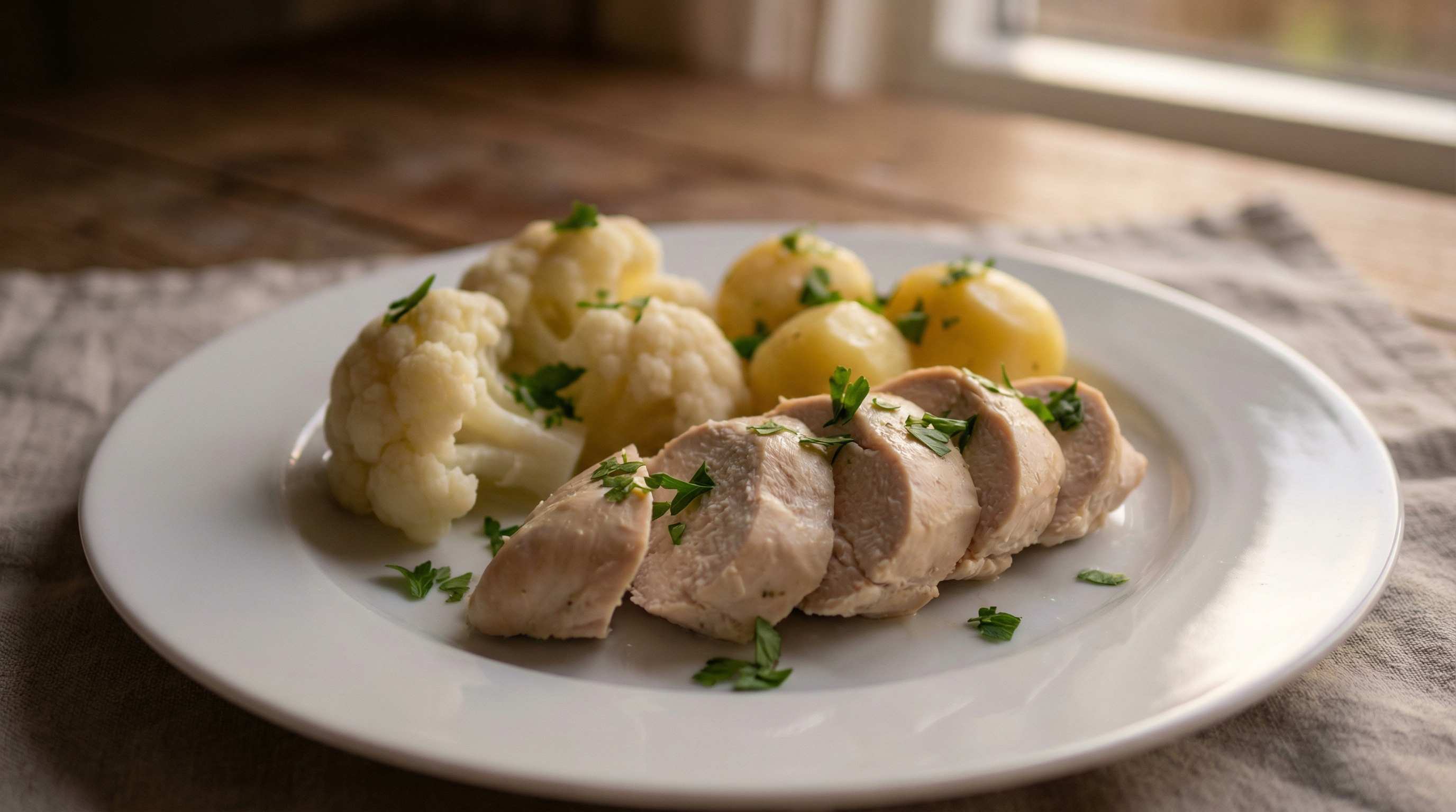 Gedämpftes Hähnchen mit Blumenkohl und Kartoffeln