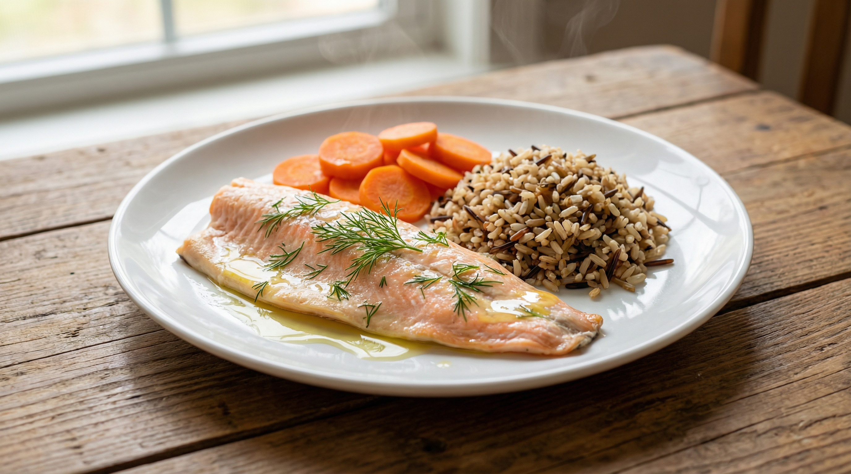 Gedünsteter Fisch mit Möhren und Vollkornreis